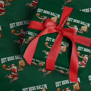 Funny Christmas Basketball Wrapping Paper Roll Out Here Ballin Xmas Santa Sport TS11 Green Print Your Wear