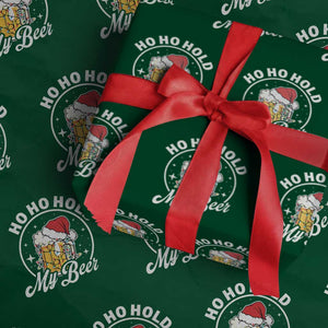 Funny Christmas Beers Wrapping Paper Roll Ho Ho Hold My Beer Vintage Mug Santa Hat TS11 Green Print Your Wear