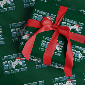 Funny Christmas Gamers Wrapping Paper Roll I Paused My Game For Christmas Snowy Santa Hat TS11 Green Print Your Wear