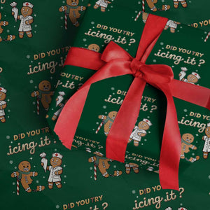 Funny Christmas Nurse Wrapping Paper Roll Did You Try Icing It Gingerbreads TS11 Green Print Your Wear