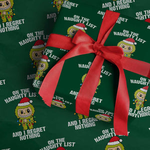 Funny Christmas Wrapping Paper Roll On the Naughty List I Regret Nothing Kawaii Bubu TS10 Green Print Your Wear