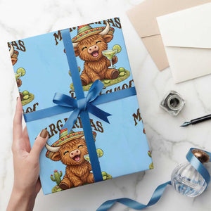 Funny Cinco De Mayo Highland Cow Wrapping Paper Roll Margaritas Por Favor TS12 Light Blue Print Your Wear