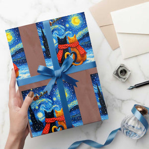 Funny Couples Xmas Wrapping Paper Roll Cats Lover Starry Night TS14 Mocha Print Your Wear