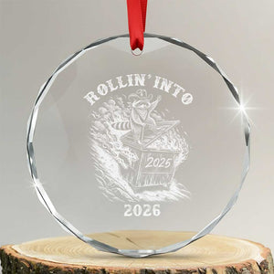 Funny Cowboy Raccoon Rollin Into 2026 Crystal Glass Ornament New Year Dumpster Fire 2026 Rodeo TS11 Transparent Glass 3'' Circle Print Your Wear