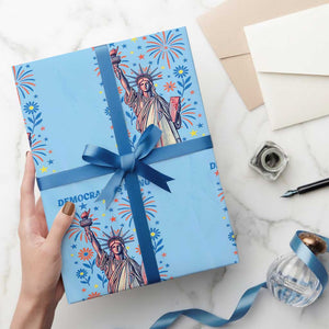 Funny Democracy Is Dying But Hey Nice Fireworks Wrapping Paper Roll Statue of Liberty Red and White Patriotic 4th of July TS02 Light Blue Print Your Wear