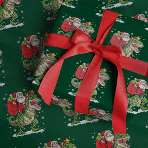 Funny Dinosaur Christmas Santa Claus Riding Dino Wrapping Paper Roll TS11 Green Print Your Wear