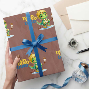 Funny Dinosaur Playing Ice Hockey Wrapping Paper Roll Gift For Dino Lovers TS12 Mocha Print Your Wear