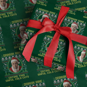 Funny Ed Gein Horror Christmas Meme Wrapping Paper Roll Drinking Wine Eating This Sinful Cold Cuts Viral Scene TS02 Green Print Your Wear