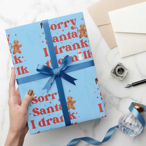 Funny First Christmas Wrapping Paper Roll Sorry Santa I Drank The Milk Gingerbread TS11 Light Blue Print Your Wear