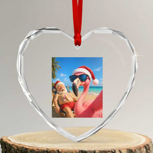 Funny Flamingo Beach Selfie Heart Crystal Glass Ornament Christmas in July