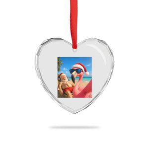Funny Flamingo Beach Selfie Heart Crystal Glass Ornament Christmas in July