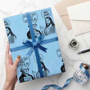 Funny George Washington and Jesus Satire Wrapping Paper Roll Political Commentary Founding Fathers and Faith TS02 Light Blue Print Your Wear