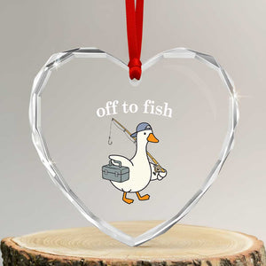 Funny Goose Fishing Heart Crystal Glass Ornament Off to Fish Cute Waterfowl Angler Gift for Fishing Lovers