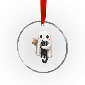 Funny Halloween Crystal Glass Ornament Cute Ghost Holding Black Cat Drinking Beer