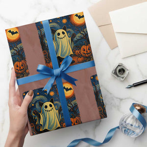 Funny Halloween Ghost Cat Wrapping Paper Roll Starry Night Van Gogh Cat Lover Gifts TS10 Mocha Print Your Wear