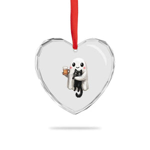 Funny Halloween Heart Crystal Glass Ornament Cute Ghost Holding Black Cat Drinking Beer