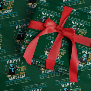 Funny Hanukkah Cat Wrapping Paper Roll Happy Hanukcat Drinking Black Cat Jewish Menorah Chanukah TS02 Green Print Your Wear