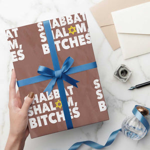 Funny Hanukkah Shabbat Shalom Bitches Wrapping Paper Roll Star Of David TS11 Mocha Print Your Wear