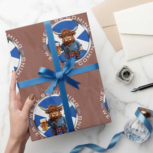 Funny Highland Cow in Kilt Drinking Wrapping Paper Roll We'll Be Coming Scottish Pride Football Fans TS02 Mocha Print Your Wear