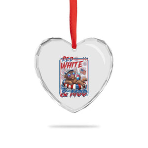 Funny Highland Cow Pool Party 4th Of July Heart Crystal Glass Ornament Red White And Moo