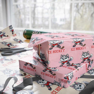 Funny Husky Playing Ice Hockey Wrapping Paper Roll Gift For Dog Lovers TS12 Light Pink Print Your Wear