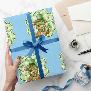 Funny Irish Highland Cow Shamrock Holiday Gift Wrapping Paper Roll TS12 Light Blue Print Your Wear