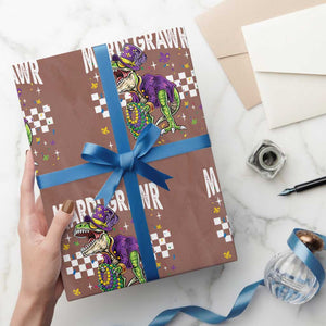 Funny Mardi Gras T-rex Dinosaur Wrapping Paper Roll Mardi Grawr Beads Carnival Party TS11 Mocha Print Your Wear