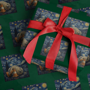 Funny Neil The Seal Starry Night Wrapping Paper Roll Van Gogh Art for Tasmania Seal Lovers TS11 Green Print Your Wear