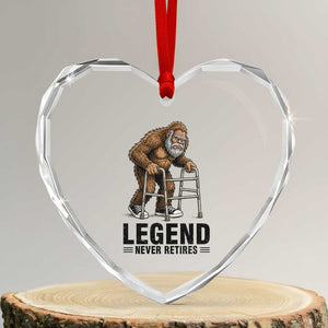 Funny Old Bigfoot Retirement Gift Heart Crystal Glass Ornament Legend Never Retires