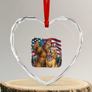 Funny Patriotic Bigfoot Golden Retriever Selfie Squad Heart Crystal Glass Ornament
