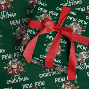 Funny Pew Pew Santa Christmas Wrapping Paper Roll Angry Santa with Candy Cane Guns Holiday Humor TS02 Green Print Your Wear