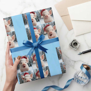 Funny Pig With Santa Hat Photobooth Wrapping Paper Roll Christmas Gift TS12 Light Blue Print Your Wear
