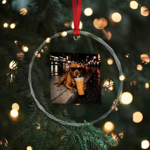 Funny Pitbull Drinking Iced Coffee Crystal Glass Ornament Vintage Pittie Dog Lovers Meme