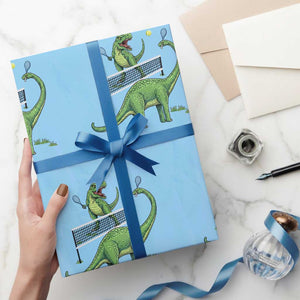 Funny Prehistoric Dinosaur Tennis Player Game Day Wrapping Paper Roll TS12 Light Blue Print Your Wear