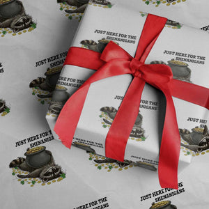 Funny Raccoon St Patricks Day Meme Wrapping Paper Roll Just Here For The Shenanigans TS14 White Print Your Wear