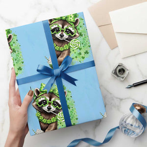 Funny Raccoon St Patricks Day Wrapping Paper Roll Irish Party Animal Gift TS12 Light Blue Print Your Wear