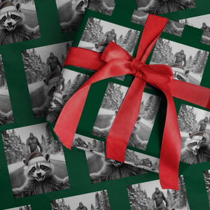 Funny Racoon With Bigfoot Selfie Christmas Wrapping Paper Roll TS14 Green Print Your Wear