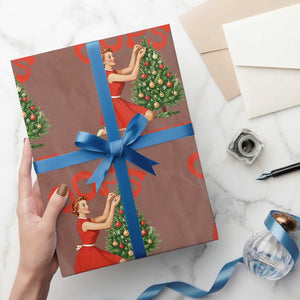 Funny Retro Christmas Pinup Girl Wrapping Paper Roll Oops I Got Another Tree Vintage Pin Up Style Holiday Humor TS02 Mocha Print Your Wear