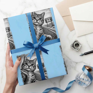 Funny Road Trip Cat Selfie with Highway 66 Wrapping Paper Roll Centennial 1926-2026 Historic Highway Humor TS02 Light Blue Print Your Wear