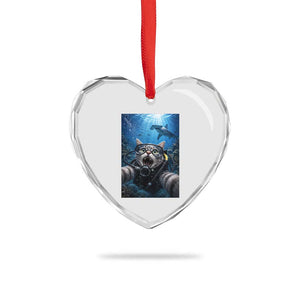 Funny Scuba Diving Cat Selfie With Hammerhead Shark Heart Crystal Glass Ornament