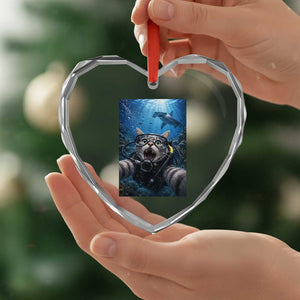 Funny Scuba Diving Cat Selfie With Hammerhead Shark Heart Crystal Glass Ornament
