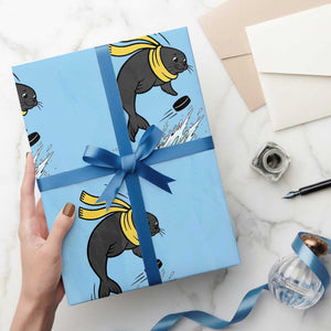 Funny Seal Playing Ice Hockey Wrapping Paper Roll Winter Sports Gift TS12 Light Blue Print Your Wear