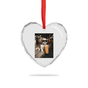 Funny Shih Tzu Drinking Iced Coffee Heart Crystal Glass Ornament Vintage Dog Lover