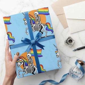 Funny Skeleton Riding Unicorn LGBTQ Pride Wrapping Paper Roll Rainbow Fantasy Graphic