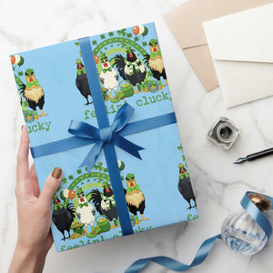 Funny St Patricks Day Chicken Shamrock Wrapping Paper Roll Feelin Clucky Hen Lucky Clover Pun Irish Humor TS02 Light Blue Print Your Wear