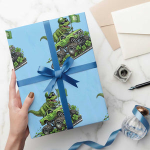 Funny St Patricks Day Dinosaur Truck Wrapping Paper Roll Irish Holiday Gift TS12 Light Blue Print Your Wear