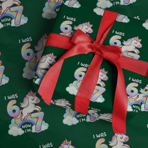 Funny Unicorn I Was 6 Now I Am 7 Wrapping Paper Roll Girl Seventh Birthday Gift TS12 Green Print Your Wear