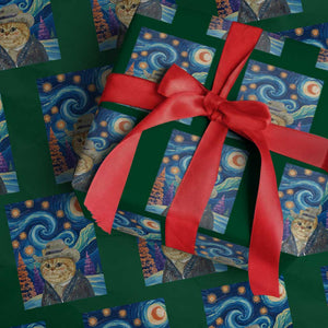 Funny Van Gogh Cat in Starry Night Wrapping Paper Roll TS12 Green Print Your Wear