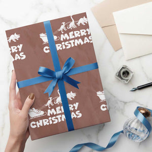 Funny Xmas Dinosaur Wrapping Paper Roll Merry Christmas Dino Santa's Sleigh TS11 Mocha Print Your Wear