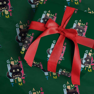 Game Time Wrapping Paper Roll Cute Black Cat Gamer Lover Gift TS12 Green Print Your Wear